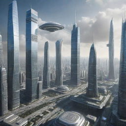 A futuristic cityscape in the year 3000 with advanced skyscrapers, flying vehicles, and cutting-edge technology.