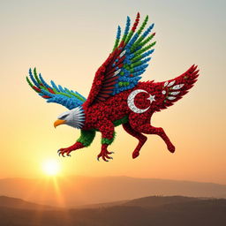 A magnificent eagle composed of Azerbaijani flowers with vibrant blues, greens, and reds, soaring through a clear sky