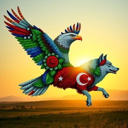 A magnificent eagle composed of Azerbaijani flowers with vibrant blues, greens, and reds, soaring through a clear sky