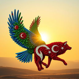 A magnificent eagle composed of Azerbaijani flowers with vibrant blues, greens, and reds, soaring through a clear sky