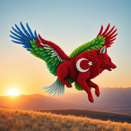 A magnificent eagle composed of Azerbaijani flowers with vibrant blues, greens, and reds, soaring through a clear sky