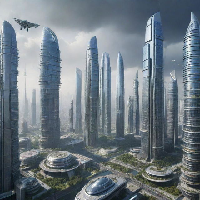 A futuristic cityscape in the year 3000 with advanced skyscrapers, flying vehicles, and cutting-edge technology.