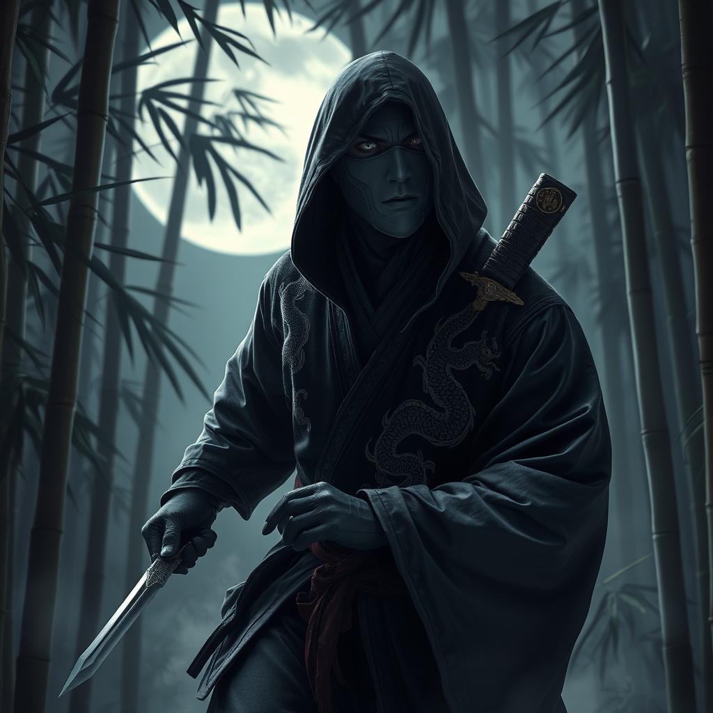 A stealthy Chinese assassin, dressed in traditional dark robes with intricate dragon embroidery, moving through a moonlit bamboo forest