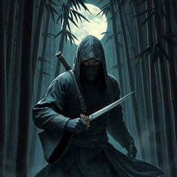 A stealthy Chinese assassin, dressed in traditional dark robes with intricate dragon embroidery, moving through a moonlit bamboo forest