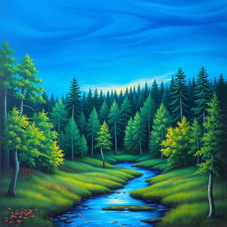 A captivating landscape painting featuring a tranquil forest under a deep azure sky just before dawn