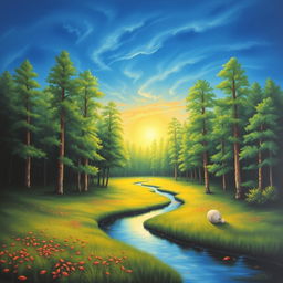 A captivating landscape painting featuring a tranquil forest under a deep azure sky just before dawn