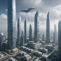 A futuristic cityscape in the year 3000 with advanced skyscrapers, flying vehicles, and cutting-edge technology.