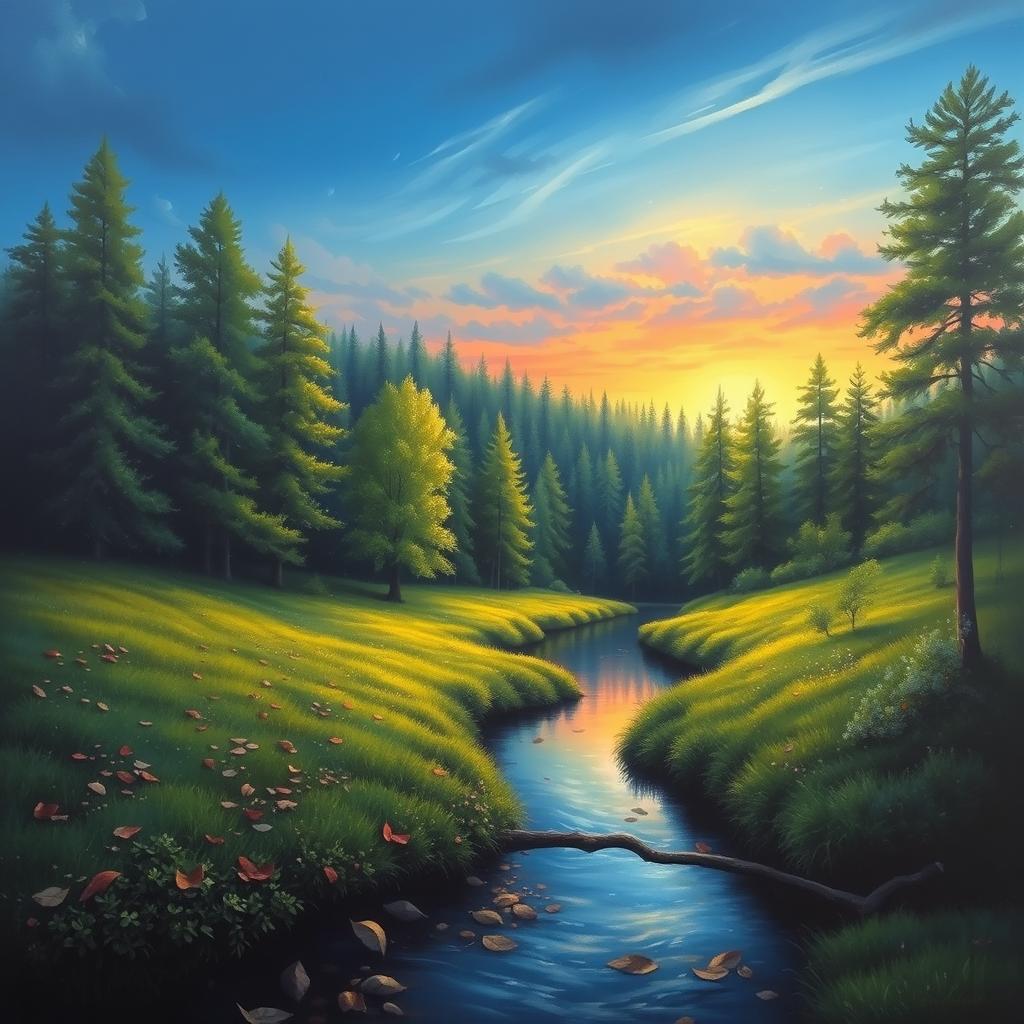 A captivating landscape painting featuring a tranquil forest under a deep azure sky just before dawn