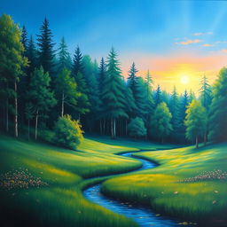 A captivating landscape painting featuring a tranquil forest under a deep azure sky just before dawn