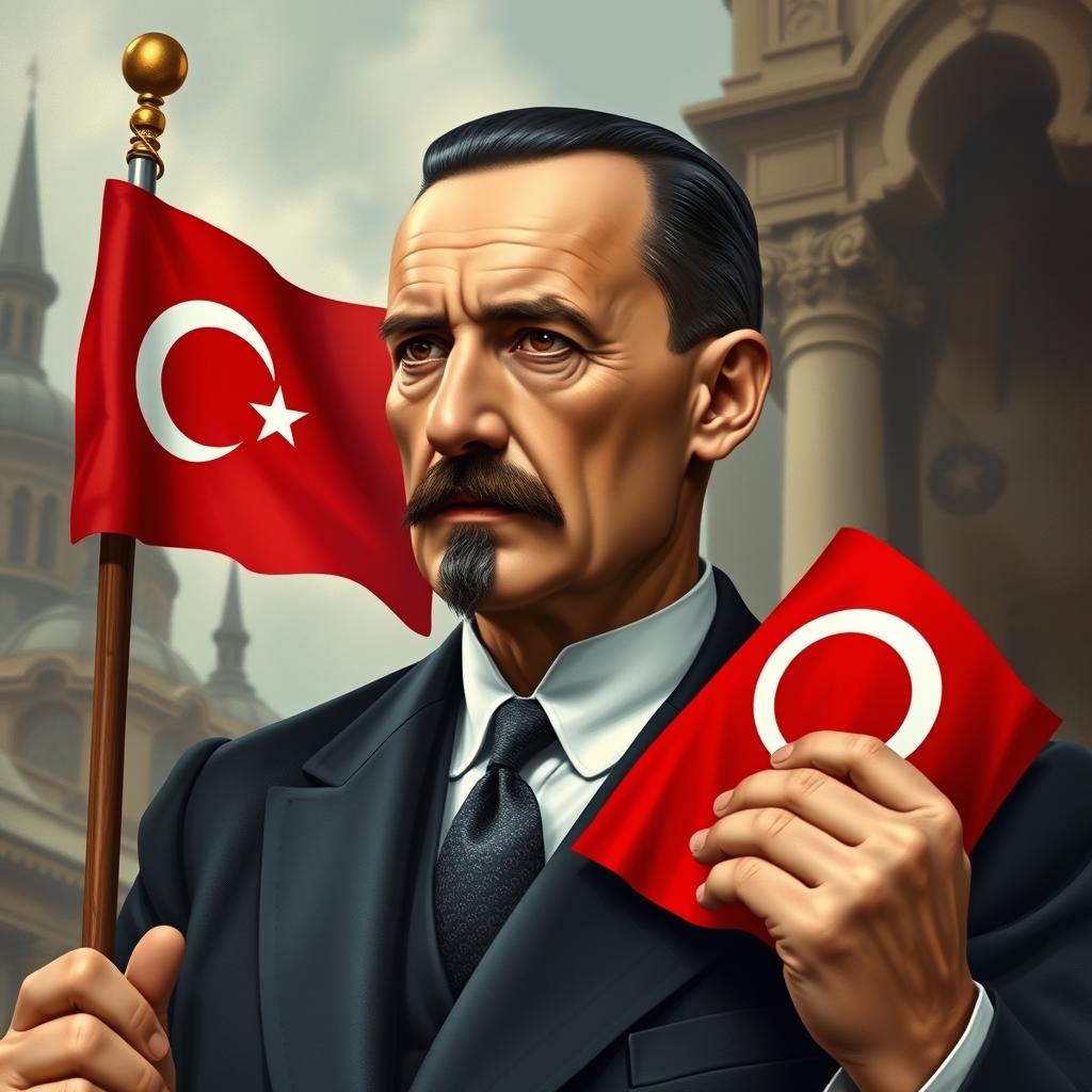 A realistic depiction of Atatürk as if he were alive today, holding a Turkish flag