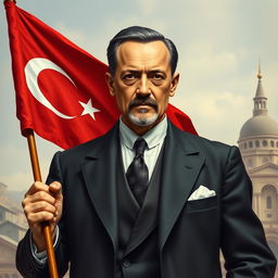 A realistic depiction of Atatürk as if he were alive today, holding a Turkish flag