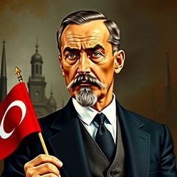 A realistic depiction of Atatürk as if he were alive today, holding a Turkish flag