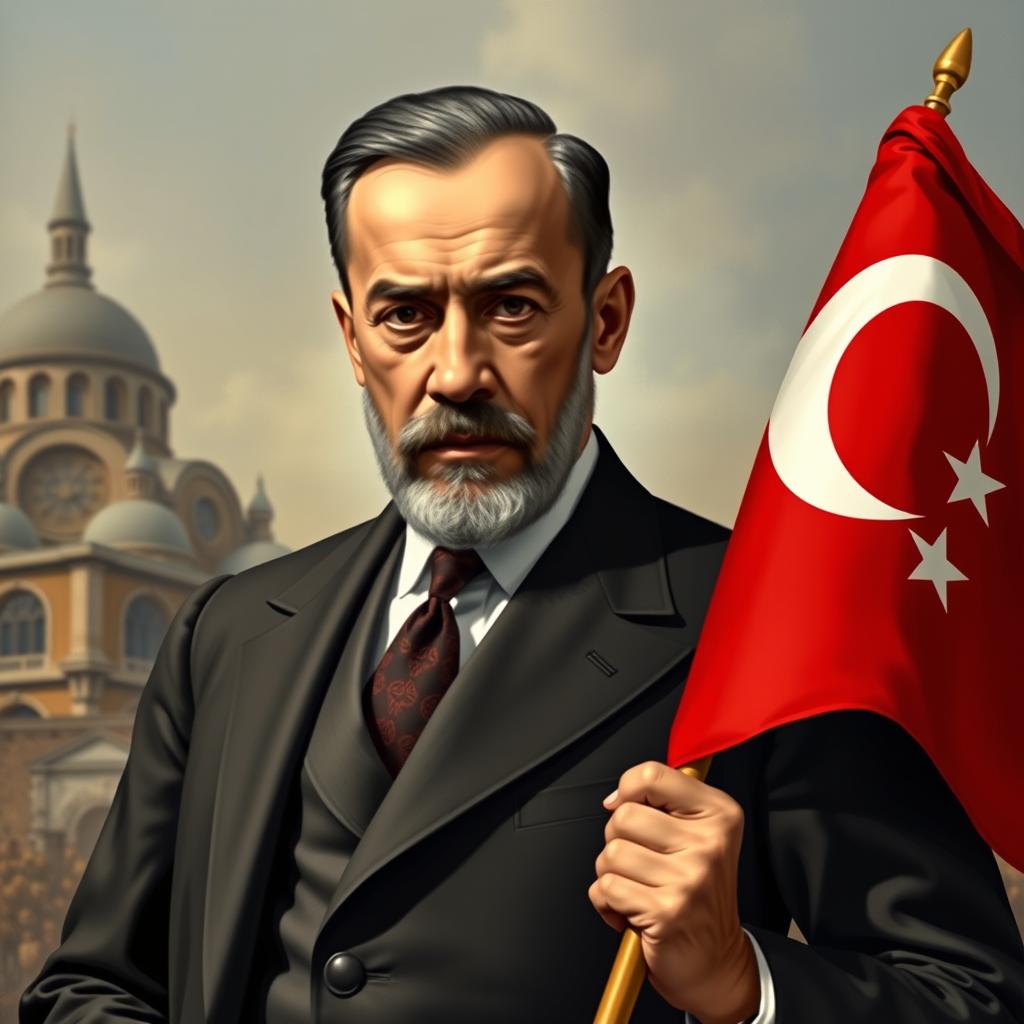 A realistic depiction of Atatürk as if he were alive today, holding a Turkish flag