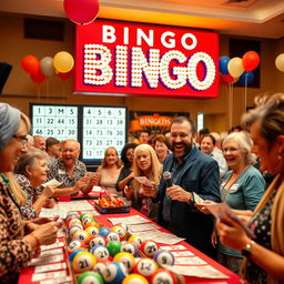 A lively and attractive bingo scene featuring excited people of diverse backgrounds enjoying a game night