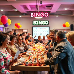 A lively and attractive bingo scene featuring excited people of diverse backgrounds enjoying a game night