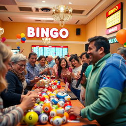 A lively and attractive bingo scene featuring excited people of diverse backgrounds enjoying a game night