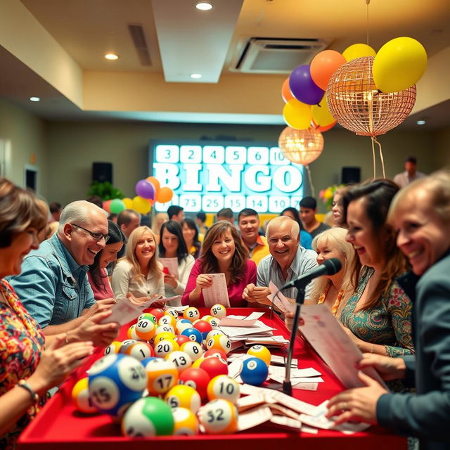 A lively and attractive bingo scene featuring excited people of diverse backgrounds enjoying a game night