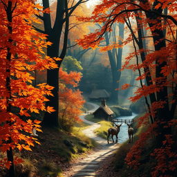 A scene of a enchanted forest during autumn, with vibrant orange and red leaves falling gently from the trees