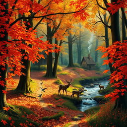 A scene of a enchanted forest during autumn, with vibrant orange and red leaves falling gently from the trees