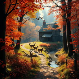 A scene of a enchanted forest during autumn, with vibrant orange and red leaves falling gently from the trees