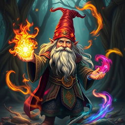 A gnome wizard with enchanting long hair, casting a magnificent fire spell