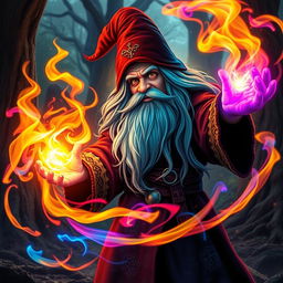 A gnome wizard with enchanting long hair, casting a magnificent fire spell