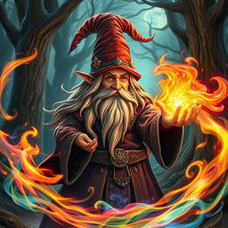 A gnome wizard with enchanting long hair, casting a magnificent fire spell