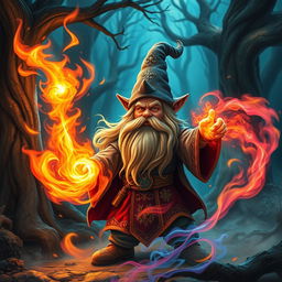 A gnome wizard with enchanting long hair, casting a magnificent fire spell