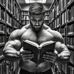 A strong man in a library, deeply engrossed in reading a book, symbolizing the acquisition of knowledge