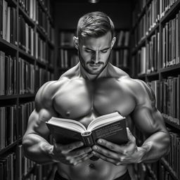 A strong man in a library, deeply engrossed in reading a book, symbolizing the acquisition of knowledge