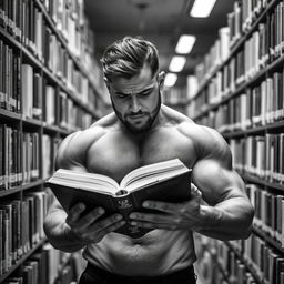 A strong man in a library, deeply engrossed in reading a book, symbolizing the acquisition of knowledge