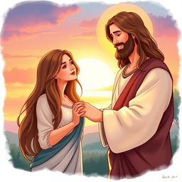 An illustration of Jesus Christ with long flowing hair and a serene smile, standing beside an adult woman depicted as his daughter