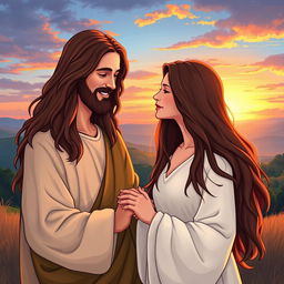 An illustration of Jesus Christ with long flowing hair and a serene smile, standing beside an adult woman depicted as his daughter