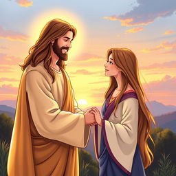 An illustration of Jesus Christ with long flowing hair and a serene smile, standing beside an adult woman depicted as his daughter