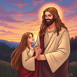 An illustration of Jesus Christ with long flowing hair and a serene smile, standing beside an adult woman depicted as his daughter