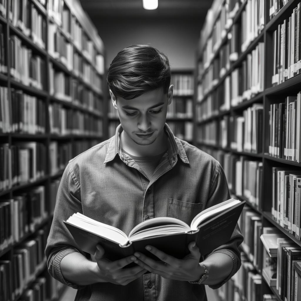 A young man in a library, deeply engrossed in reading a book, symbolizing the acquisition of knowledge