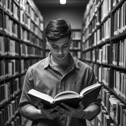 A young man in a library, deeply engrossed in reading a book, symbolizing the acquisition of knowledge