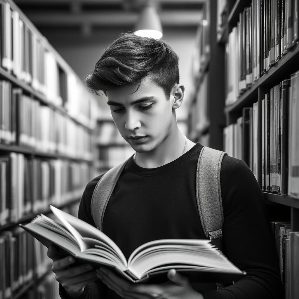 A young man in a library, deeply engrossed in reading a book, symbolizing the acquisition of knowledge