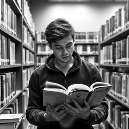 A young man in a library, deeply engrossed in reading a book, symbolizing the acquisition of knowledge