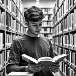 A young man in a library, deeply engrossed in reading a book, symbolizing the acquisition of knowledge