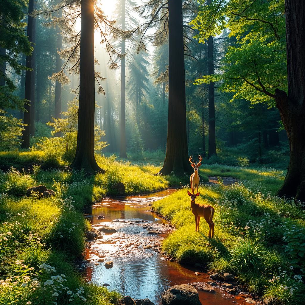 A radiant, lush, and enchanting forest under the morning sunlight, filled with vibrant green foliage, majestic tall trees, and delicate wildflowers scattered across the forest floor