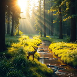 A radiant, lush, and enchanting forest under the morning sunlight, filled with vibrant green foliage, majestic tall trees, and delicate wildflowers scattered across the forest floor