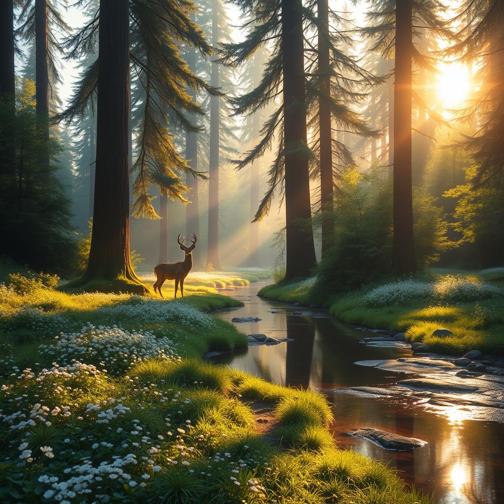 A radiant, lush, and enchanting forest under the morning sunlight, filled with vibrant green foliage, majestic tall trees, and delicate wildflowers scattered across the forest floor