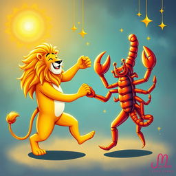 Leo and Scorpio zodiac signs personified as characters, dancing happily together