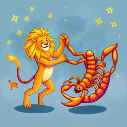 Leo and Scorpio zodiac signs personified as characters, dancing happily together