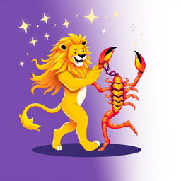 Leo and Scorpio zodiac signs personified as characters, dancing happily together