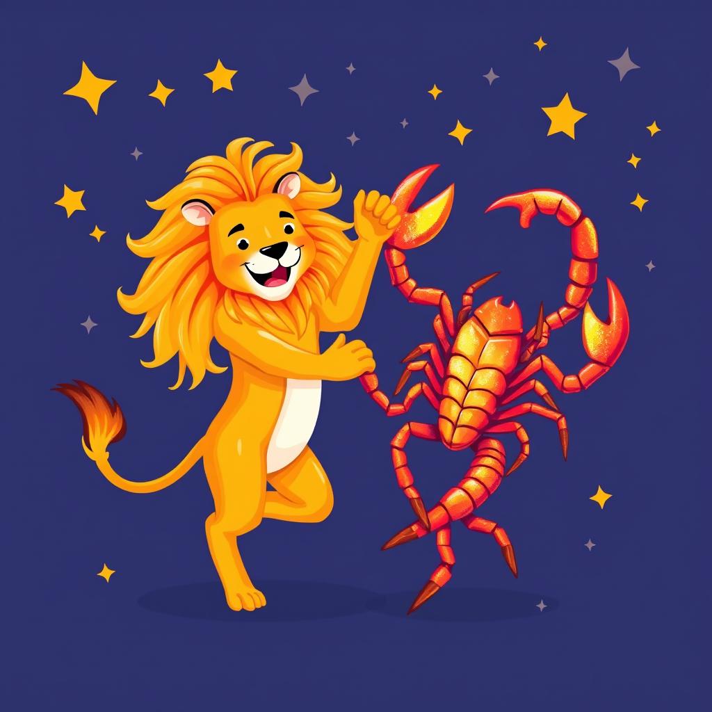 Leo and Scorpio zodiac signs personified as characters, dancing happily together