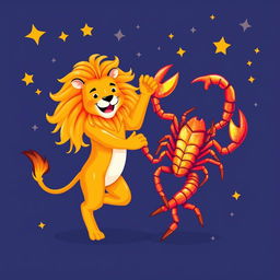 Leo and Scorpio zodiac signs personified as characters, dancing happily together