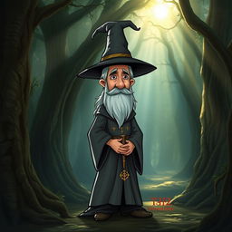 A short wizard standing in an ancient, mystical forest