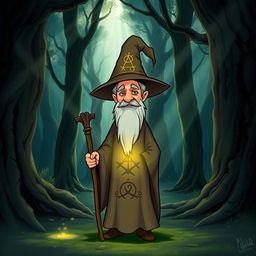 A short wizard standing in an ancient, mystical forest